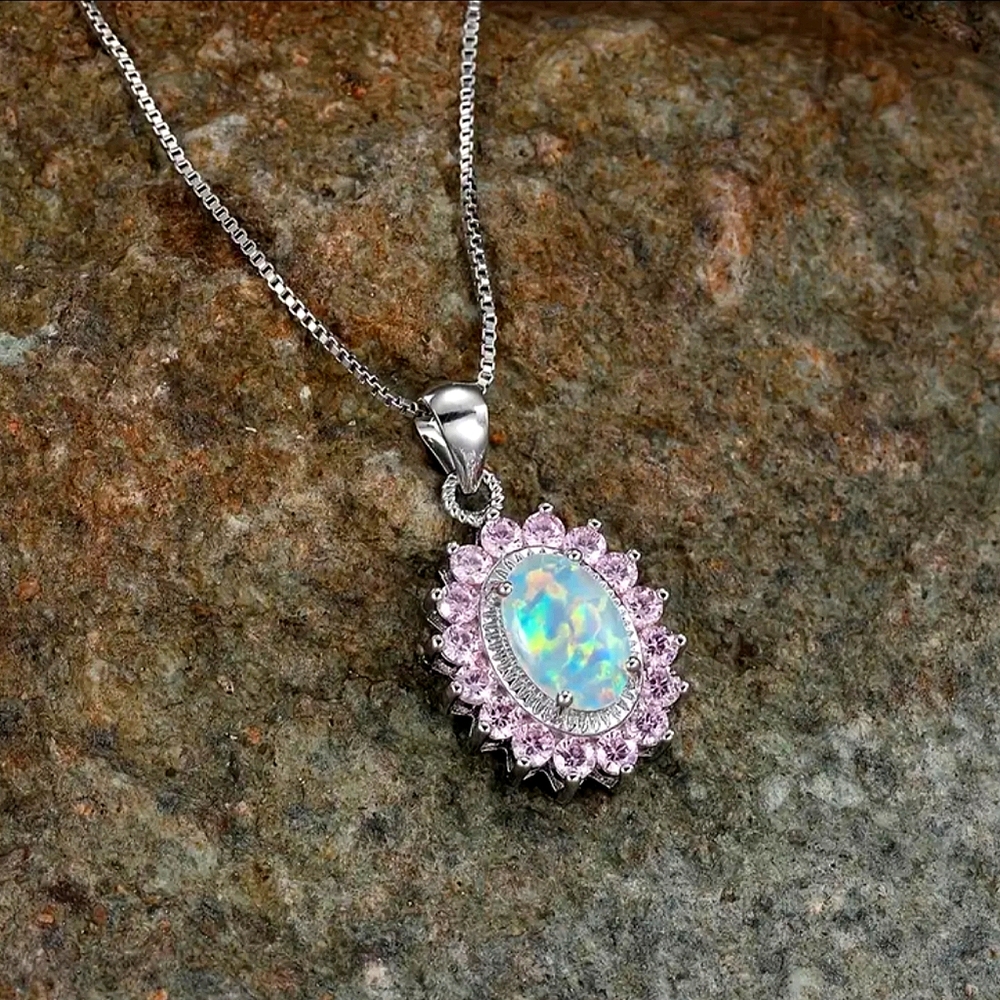 Oval Opal & Pink CZ Pendant Necklace